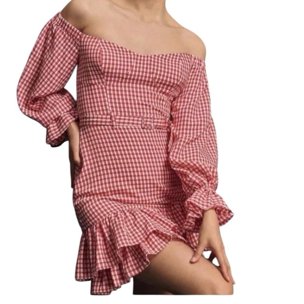 Maeve Anthropologie Off Shoulder Gingham Mini Dress Size 14 Red Belted Ruffle